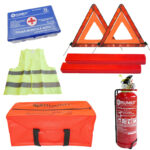 Kit Siguranta - trusa medicala, 2x triunghiuri, stingator reincarcabil cu manometru, vesta,geanta depozitare