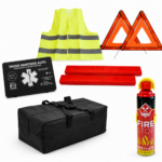 Set 2 Kituri Siguranta Auto Omologate RAR cu Stingator Tip Spray 1000ml, Trusa Medicala, Vesta si Triunghiuri Reflectorizante